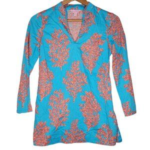 Lilly Pulitzer XS Ciara Tunic Top Blue Pink‎ Coral Siesta Print Cotton Women's